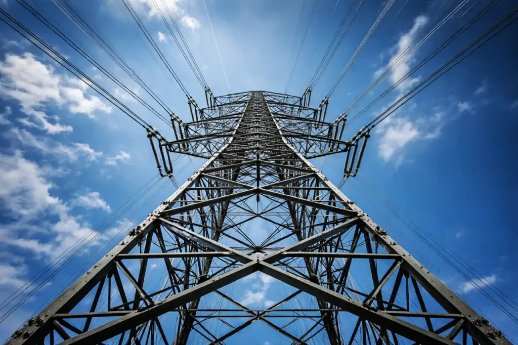 Low-angle view from beneath high-voltage transmission tower showing scale of power grid infrastructure