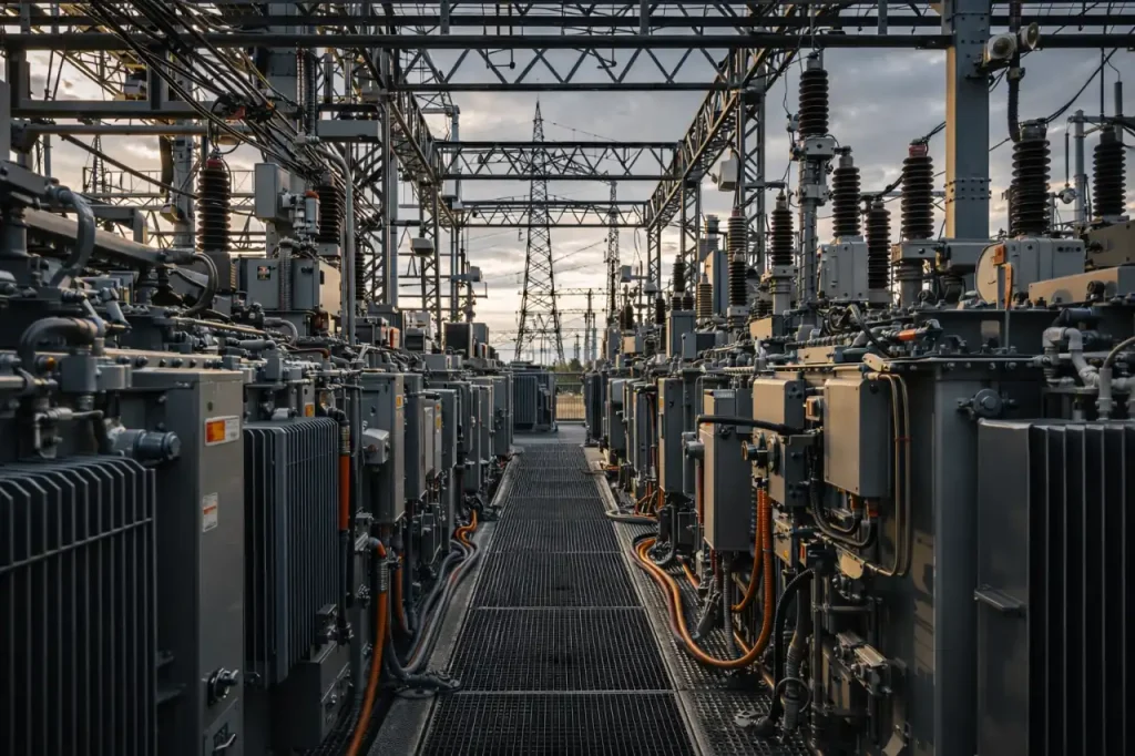 Electrical substation infrastructure controlling voltage in the American power grid