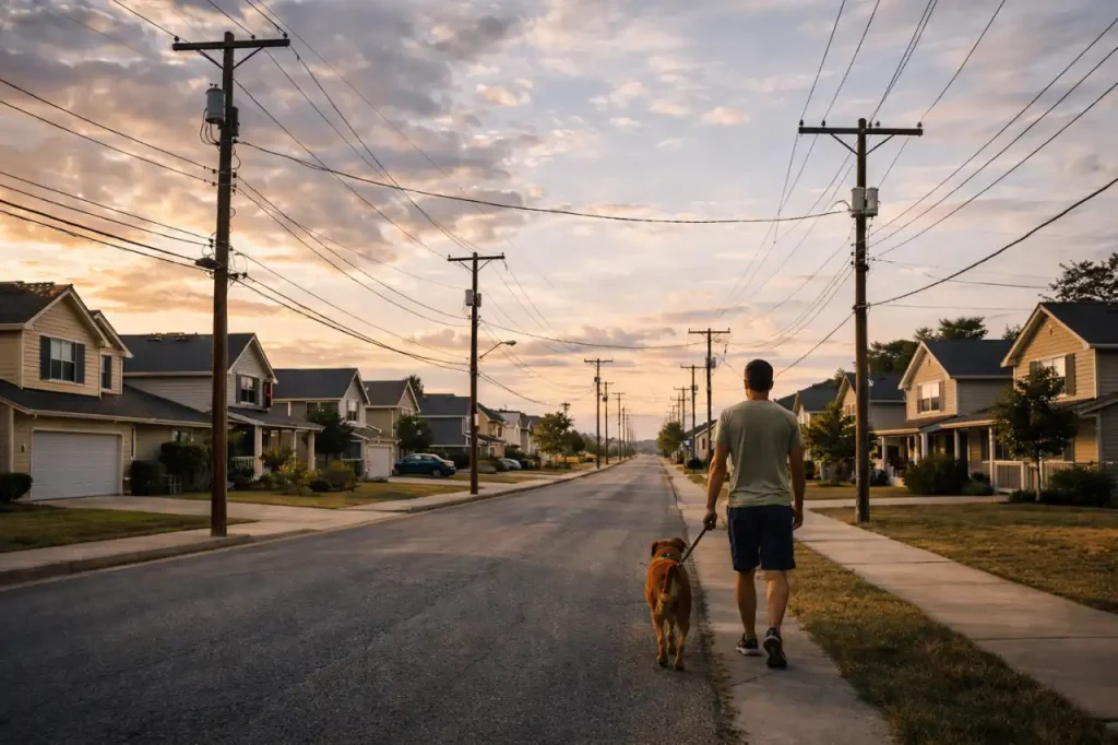 Residential neighborhood power lines delivering electricity to American homes
