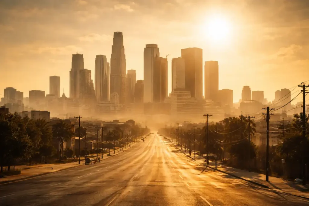 American city during extreme heat wave showing atmospheric heat and high temperature conditions