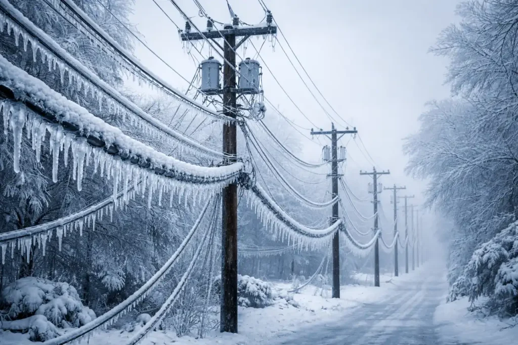 Power lines covered in ice after winter storm causing electrical infrastructure damage