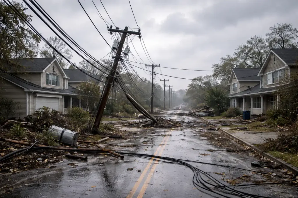 Hurricane damage to neighborhood power lines causing widespread electrical outage