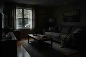Dark living room during power outage with natural light coming through window