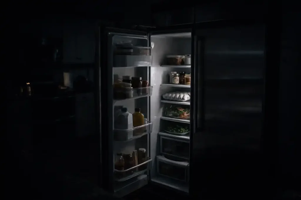 Open refrigerator without power showing dark interior during electrical outage