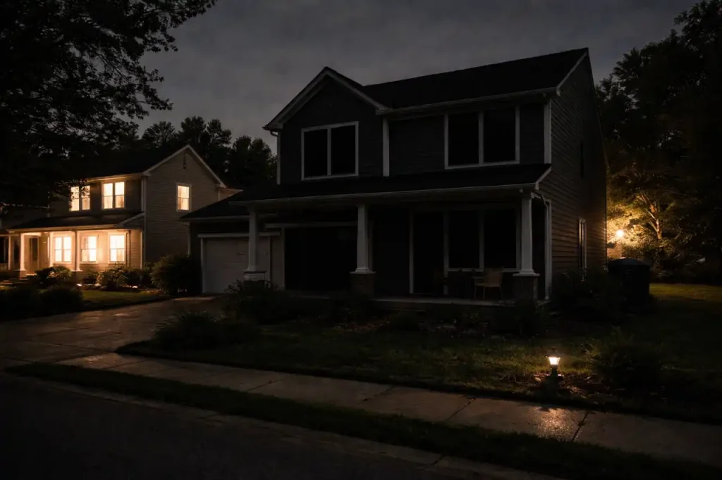 House without electricity at night showing dark windows during power outage