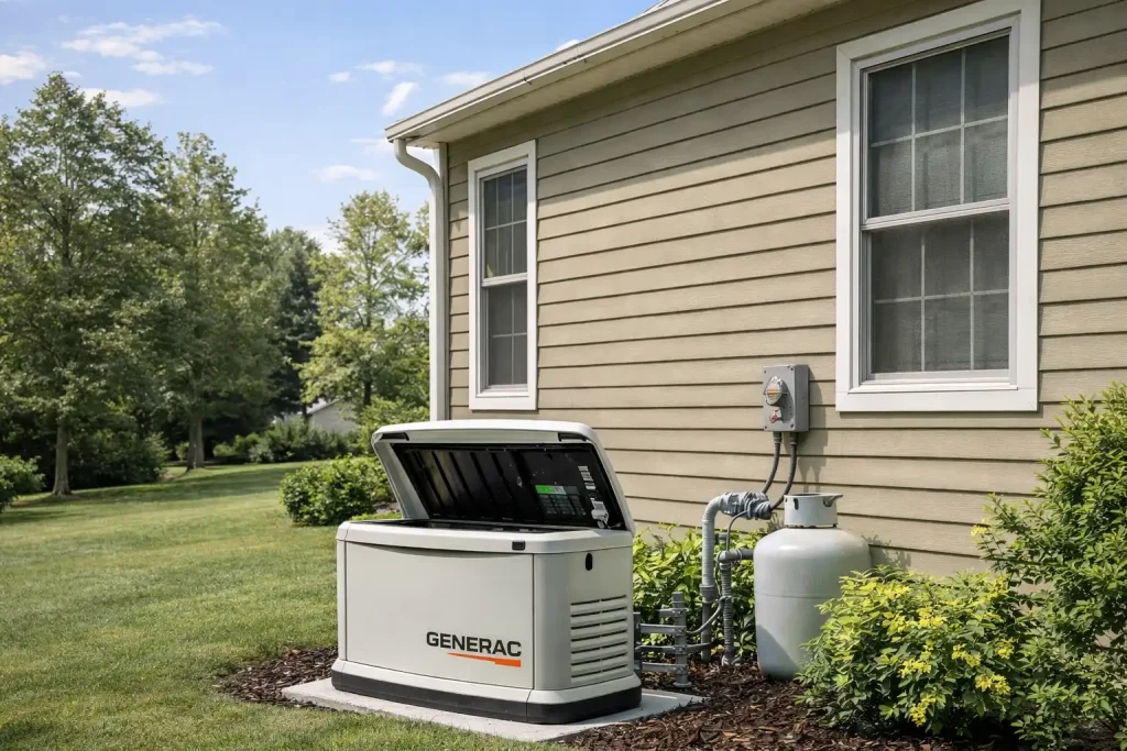 Residential backup power generator installed outside American home for emergency electricity