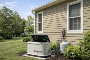 Residential backup power generator installed outside American home for emergency electricity