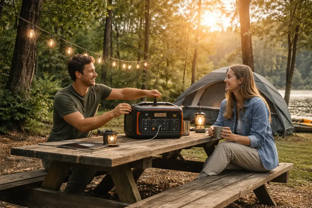 Portable power station providing electricity at outdoor campsite near lake