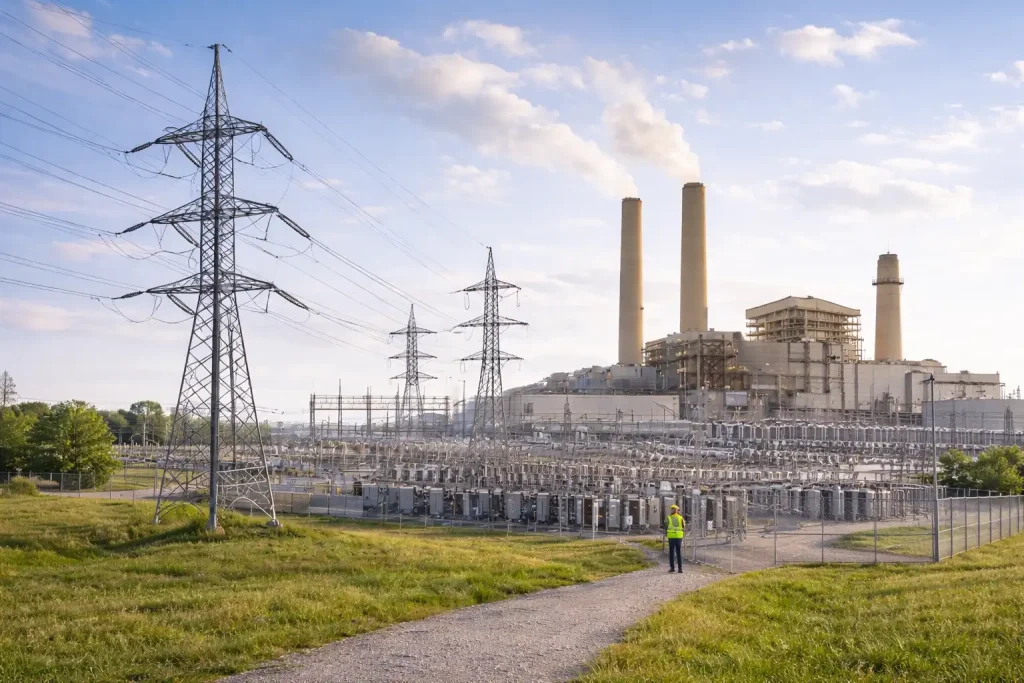 Power plant and electrical substation connected to high-voltage transmission lines in the United States