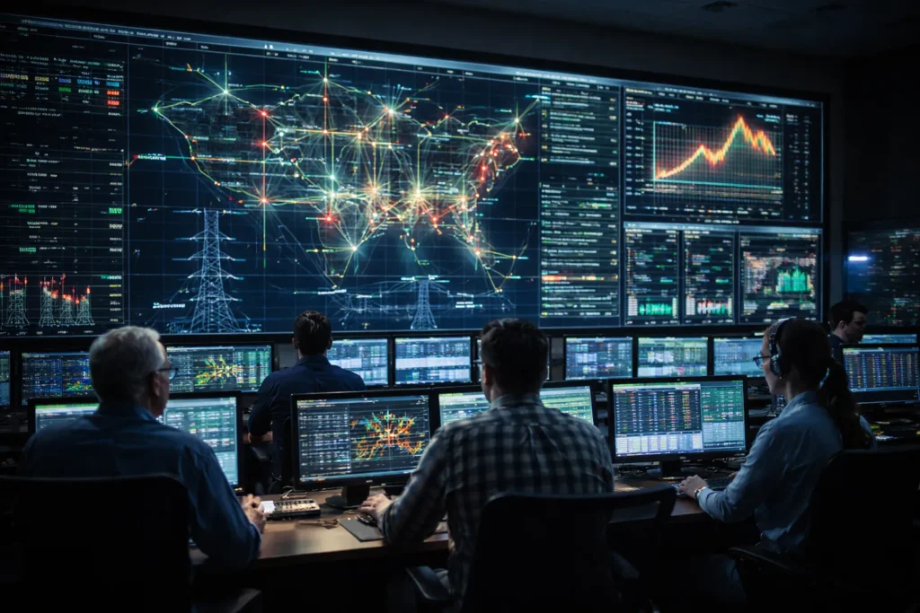 Utility control room at night with operators watching wall-sized grid dashboards showing live demand, flows, and alerts.