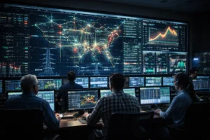 Utility control room at night with operators watching wall-sized grid dashboards showing live demand, flows, and alerts.