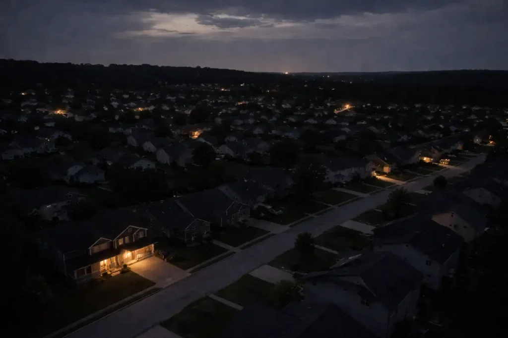 American suburban street during a major power outage at night, most houses completely dark, only a few with dim emergency lighting, realistic, photojournalism style, cinematic, high detail