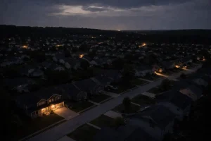American suburban street during a major power outage at night, most houses completely dark, only a few with dim emergency lighting, realistic, photojournalism style, cinematic, high detail