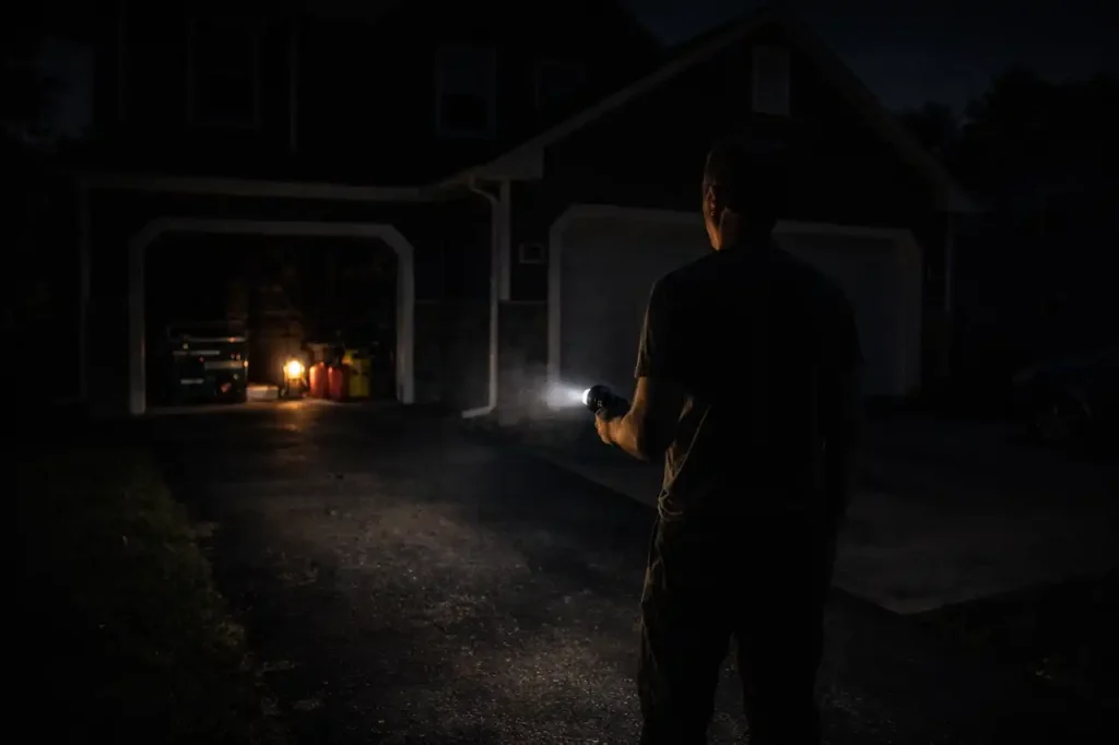 American homeowner in garage checking emergency equipment and portable power devices, calm mood, realistic photography, photojournalism style