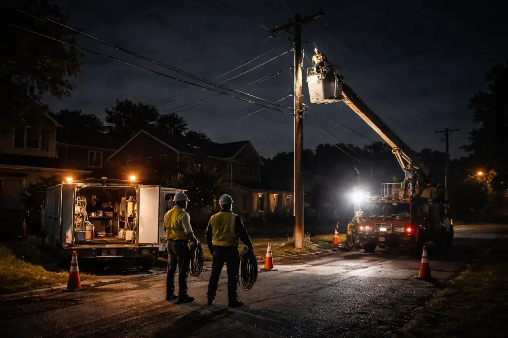 Electrical utility worker repairing power lines on a tall utility pole at sunset, American suburban environment, realistic, photojournalism style, high detail