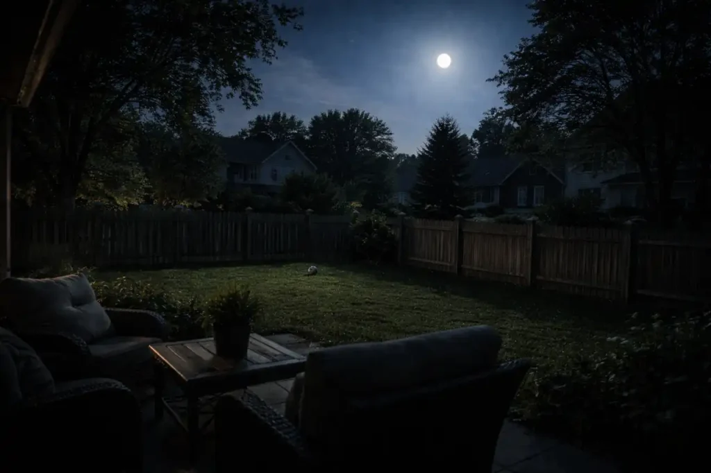 Full moon illuminating a quiet American suburban home during a power outage