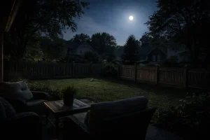 Full moon illuminating a quiet American suburban home during a power outage