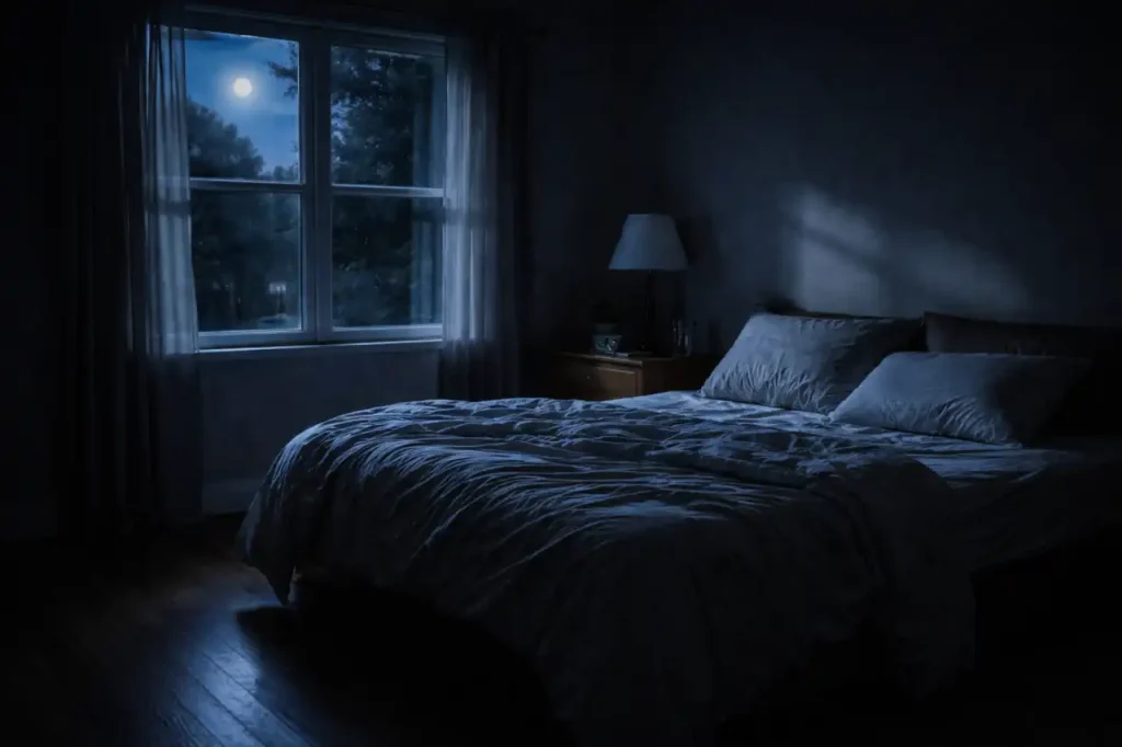 Inside American living room during power outage, full moonlight entering through window illuminating furniture and floor