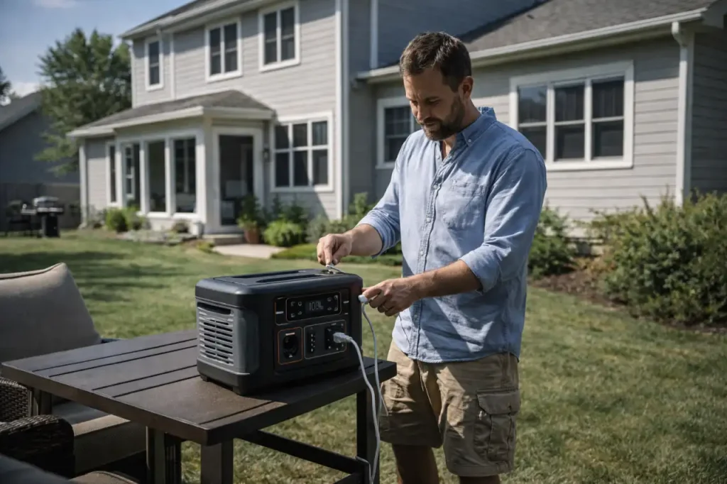 American homeowner using portable power station in backyard during daytime