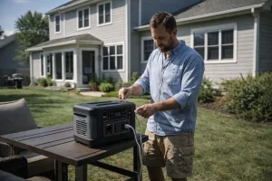 American homeowner using portable power station in backyard during daytime