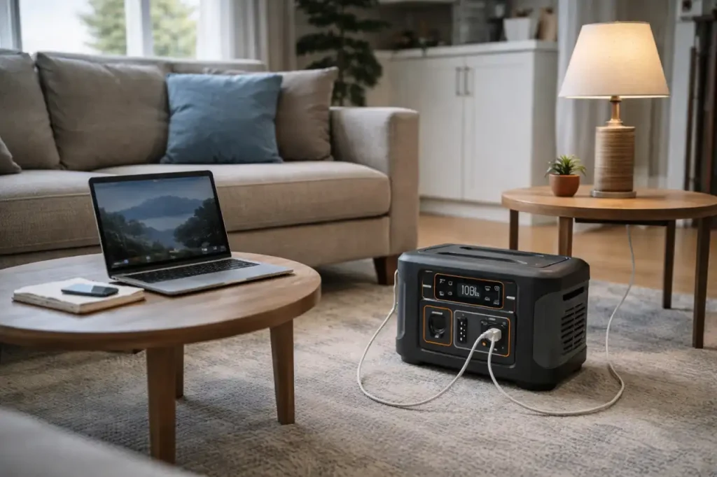 Portable power station powering laptop and lamp inside modern American home