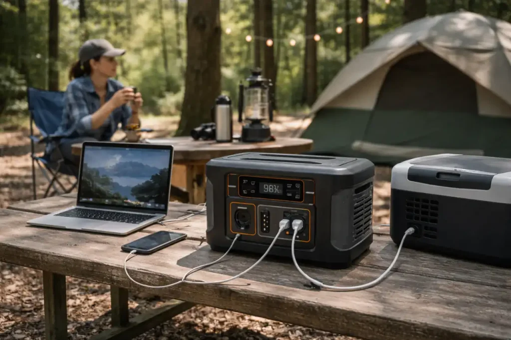Portable power station being used outdoors during daytime