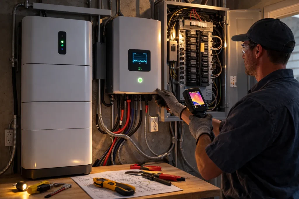 An electrician checks a home battery inverter under load beside the main electrical panel in a garage.