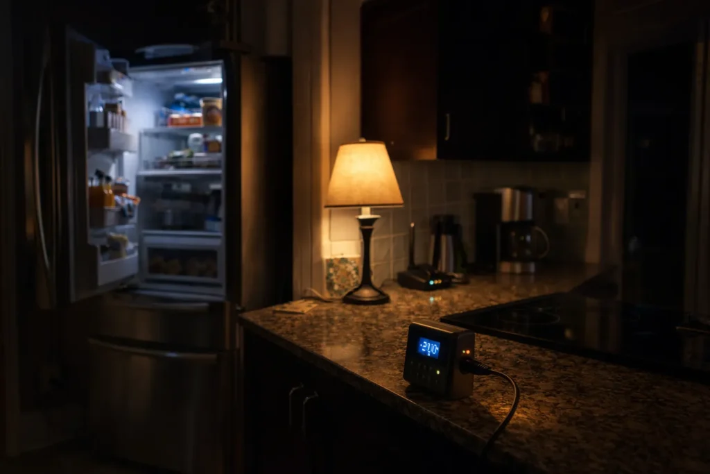 A kitchen at night with essential loads running—fridge, lamp, router—illustrating practical backup priorities.